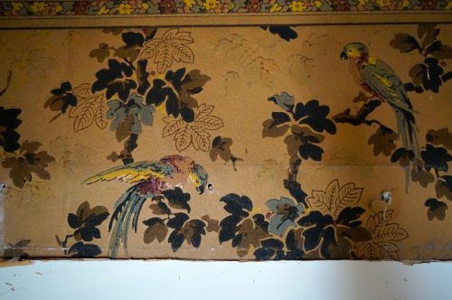 A nice surprise. From what I've experienced, walls were painted in the kitchen and bathrooms.  Everywhere else, there was wallpaper.  After the war, there was a slow transition away from paper to painted walls.  This detail was on the wall to be demo-ed, so I was unable to save it. 